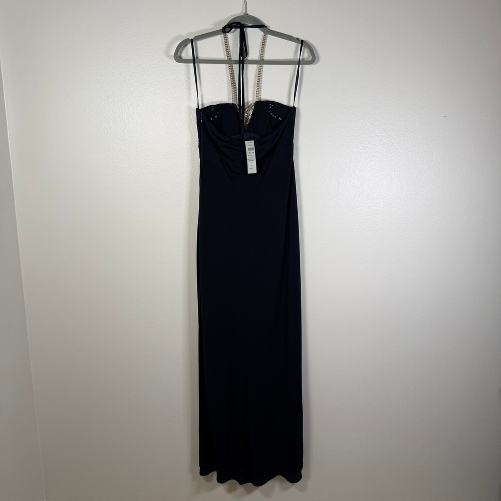 Cache Gown 6 Midnight Blue Rhinestone Halter Neck Formal Dress Maxi Made in USA - Picture 2 of 13